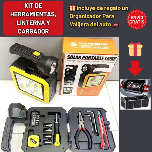 PROMO: Kit de Herramientas, Linterna y Cargador + Organizador Para Valijera del auto